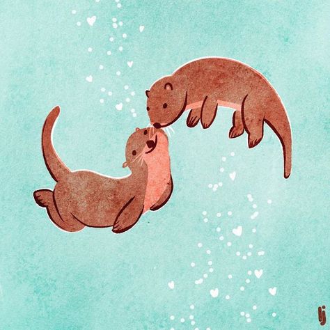 Two Otters Drawing, Otter Acrylic Painting, Couple Animals Drawing, Cartoon Otter Drawing, Cute Otter Illustration, Otter Painting Easy, How To Draw An Otter, Otter Illustration Cute, Otters Kissing