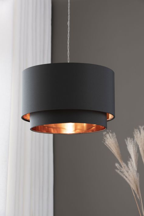 Copper And Grey Living Room, Copper And Grey Bedroom, Bedroom Lampshade Ceiling, Living Room Lamp Shades, Sitting Room Lights, Blue And Gold Living Room, Dark Gray Bedroom, Bedside Pendant Lights, Copper Bedroom