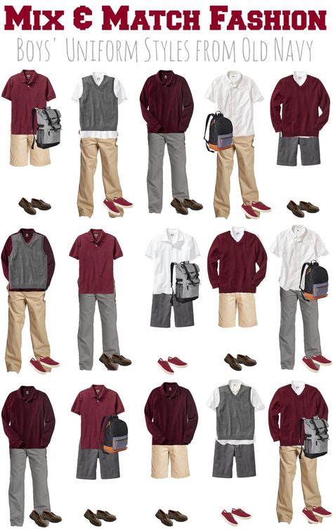 7.27 Mix & Match Fashion - BOYS School Uniforms from Old Navy VERTICAL Private School Uniforms Boys, Charter School Uniform, School Uniform Outfits Boys, School Uniform Outfits Men, Uniform Outfits Men, School Uniforms Ideas, Preschool Uniform, School Uniforms Boys, Boy School Uniform