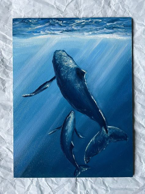 humpback whales,small picture,deep sea blue oil painting, wild animal nature painting is a great gift painting! painted ocean is perfect for nature lovers. Sea Paintings Acrylic, Inspiring Painting Ideas, Whale Painting Ideas, Diy Ocean Painting, Deep Painting Ideas, Easy Turtle Painting, Under Sea Painting, Blue Monochromatic Painting, Underwater Ocean Painting