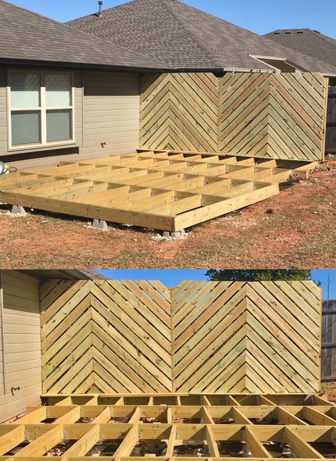 DIY Floating Deck Phase 2: Chevron Privacy Wall – Handmade Haven | DIY Diy Deck, Diy Floating Deck, Deck Privacy, Privacy Wall, Floating Deck, Privacy Walls, Deck Plans, Decks Backyard, Backyard Deck