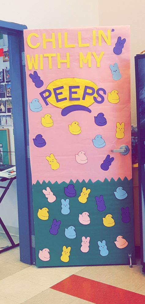 April Kindergarten Classroom Door, Montessori, Easter Classroom Door Designs, Easter Door Decorations For Work, Easter Office Door Decorations, Spring Themed Door Decorations Classroom, Kindergarten Spring Door Ideas, Spring Decorated Doors For School, Easter Door Decorations Classroom Peeps