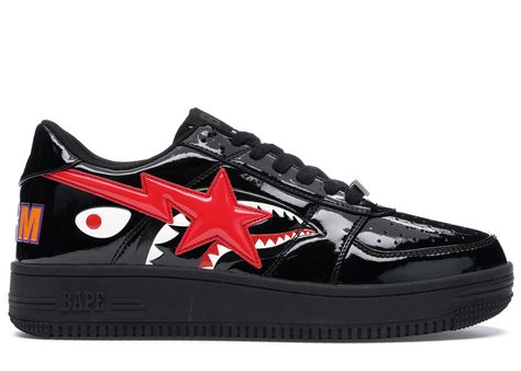 A Bathing Ape Bape Sta Low Shark Sneakers in Black/Red Bape Star, Bapesta Shoes, Bape Shoes, Bape Sneakers, Bape Sta, Shark Shoes, Ape Bape, Embroidery Shoes, Bathing Ape