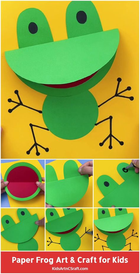 Paper Frog Craft for Kids – Step by Step Tutorial - Kids Art & Craft F For Frog Craft, Art And Craft Kindergarten Ideas, Cool Crafts For Preschoolers, Wide Mouth Frog Craft, Art Craft For Kindergarten, Pre K Crafts Easy Spring, Frog Art For Preschoolers, Simple Frog Craft, Make A Frog Craft