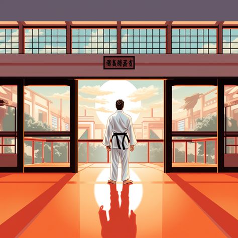 The man confidently walking into a karate dojo. Taekwondo, Karate, Martial Arts, Karate Dojo Design, Dojo Design, Diarama Ideas, Karate Dojo, Island 2, Designs To Draw