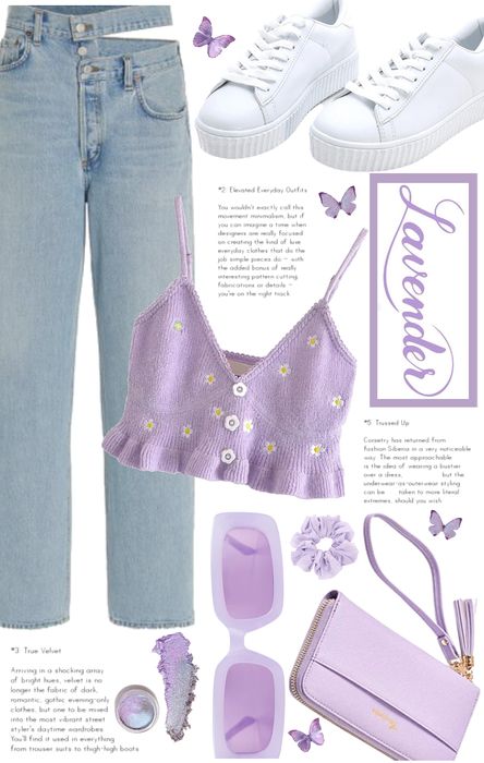 Lilac Street Style, Lavender Fashion Aesthetic, Black Lilac Outfit, White And Lilac Outfit, Outfit Idea Collage, Lavender Converse Outfit, Lavander Outfits Aesthetic, Lilac Aesthetic Outfit, Iu Concert Outfit Ideas