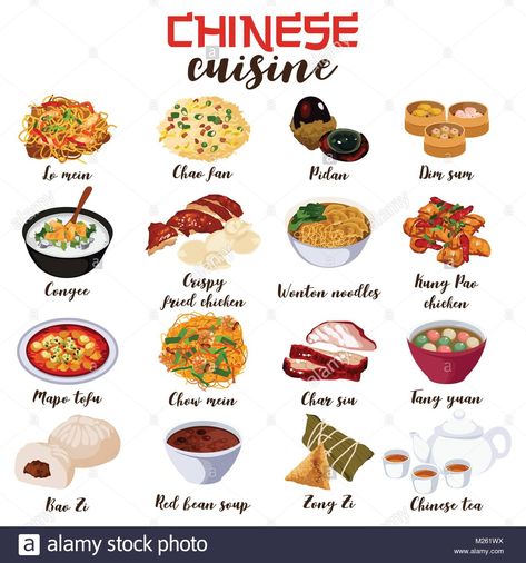 Download this stock vector: A vector illustration of Chinese Food Cuisine - M261WX from Alamy's library of millions of high resolution stock photos, illustrations and vectors. Culinary Cooking, Mapo Tofu, Collection Illustration, Food Infographic, Food Stock, Foreign Food, Chow Mein, Food Info, Food Facts