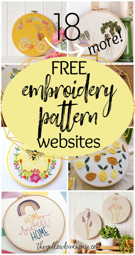 18 More Websites with Free Embroidery Patterns - The Yellow Birdhouse How To Diy Embroidery, Small Hoop Embroidery Patterns, Add Embroidery To Clothes, Embroidered Hand Print, Embroidery Print Design, Hand Embroidery Abstract, Embroidery For Clothes Ideas, What To Do With Embroidery Projects When Finished, Diy Embroidery Patterns Free