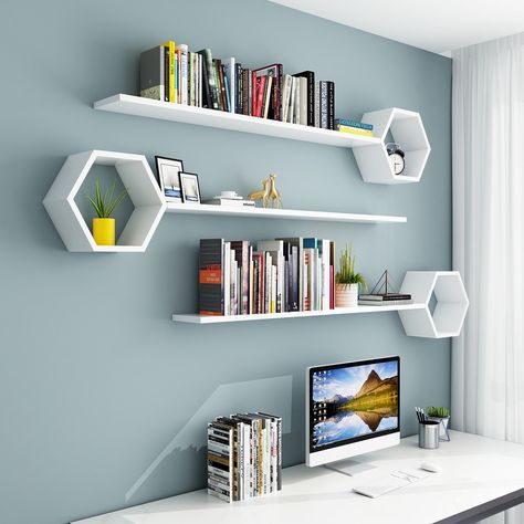 #hangingbookshelf #tallbookshelf #cubebookshelf Organize your books together, also decorate the blank wall, not a bad idea right?  like it? pin it. Wall Shelf Book, Book Shelf Ideas On Wall, Minimalist Wall Shelves, Wall Book Shelf With Study Table, Shelves For Books Wall, Wall Hanging Book Shelf Ideas, Study Shelf Ideas, Wall Shelf Above Desk, Book Shelf On Wall Ideas