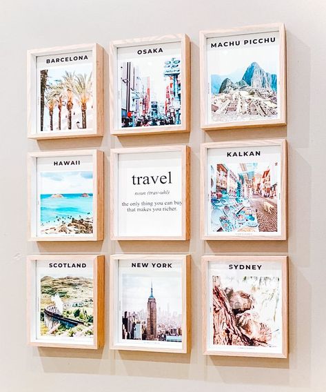 Ways To Display Travel Photos, Travel Themed Office Decor, Travel Apartment Decor, Travel Pictures Wall, Travel Inspired Home Decor, Travel Postcard Display, Travel Photo Display Ideas, Travel Collage Ideas, Canvas Photo Wall Ideas