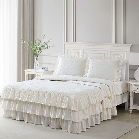 The triple ruffle bedding set offers three tiers of ruffles that will drape perfectly down the sides of your bed (21" drop) to give your room a chic farmhouse look. The bedspread features a damask medallion Pinsonic quilting that adds character to your space. The bedspread is made from 100% polyester fiber and is lightweight. Perfect for summer and as a top layer cover during winter. # Pieces In Set: 3Included: 1 Bedspread(s), 2 King Sham(s)Warmth Factor: LightweightBed Size: KingBedding Measure White Ruffle Bedding, Ruffle Bedspread, Damask Bedding, Ruffle Duvet, Farmhouse Look, Ruffle Bedding, Chic Farmhouse, Bedspread Set, Bedding Stores