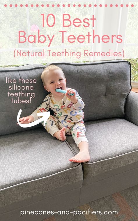 Natural teething remedies and 10 best teething toys for your babies and toddlers. Teething is no fun (for mom or baby!) help your baby feel better with these natural teething remedies and teethers they are sure to love. Pin now to save for later! Teething Tips, Teething Toys For Babies, Best Teething Toys, Diy Teethers, 7 Month Baby, Teething Toddler, Baby Medicine, Teething Remedies, Natural Teething Remedies