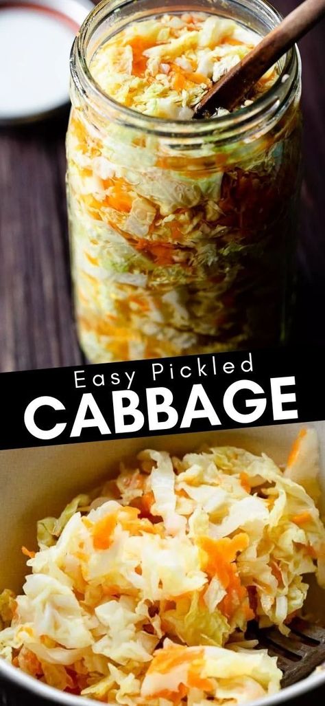 Learn how to make quick and easy pickled cabbage recipe in this informative post! Pickled cabbage can add a dash of crunch and tang to a variety of dishes, making it a wonderful condiment to have on hand in the refrigerator. Canned Cabbage Slaw, Easy Pickled Cabbage, Easy Pickled Cabbage Recipe, Canning Pickled Cabbage Recipe, Asian Pickled Cabbage, Pickle Cabbage Recipe, German Pickled Cabbage, Cabbage Pickle Recipe, Korean Pickled Cabbage