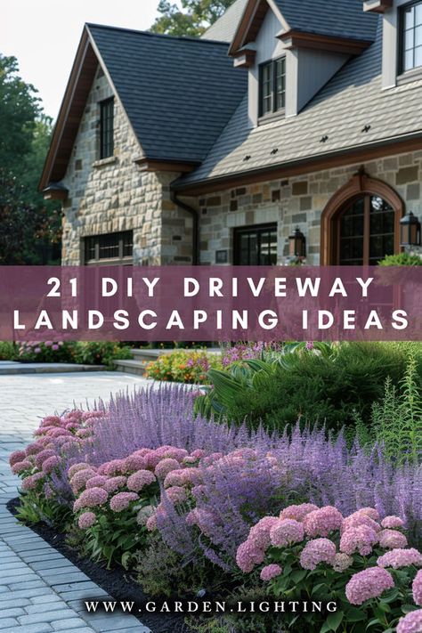 Revamp your driveway with these 21 landscaping ideas! Transform your entrance with lush greenery, elegant pathways, and captivating features 🌿🏡. Landscape Circular Driveway, Landscape In Front Of Garage, Driveway Island Ideas, Front Border Ideas, Front Yard Driveway Ideas Entrance, Long Driveway Entry Landscaping, Front Driveway Planting Ideas, Lining Driveway Ideas, Long Front Garden Ideas