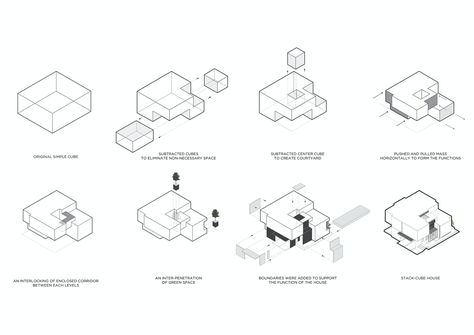 Stack-cube House by TOUCH Architect - Architizer Housing Diagram Architecture, Architecture Structural Diagram, House Diagram Architecture, Massing Study Architecture, Cube Architecture Design, Mass Process Diagram, Concept Architecture Diagram, Massing Diagram Architecture, Concept Diagram Ideas