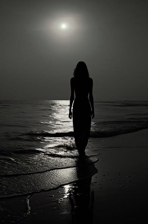 #Wallpaper #art #beach #night #black_and_white Full Moon Beach Photography, Black White Beach Photography, Ocean Woman Aesthetic, Black And White Self Care Aesthetic, Black And White Woman Aesthetic, Night Beach Photography, Beach Night Photography, Night Pictures At The Beach, Beach Photos At Night Ideas