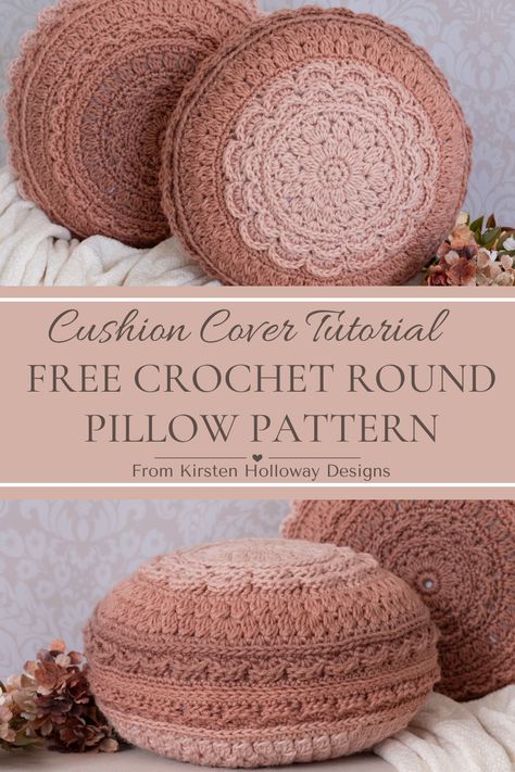 Crocheted lacy round pillows for display and home decor. They're hooked in shades of pink and terracotta, with two sizes pictured Amigurumi Patterns, Crochet Support Pillow Pattern, Crochet Seat Pillow, Crochet Pillow Cover Boho, Crocheted Cushion Covers Free Patterns, Circle Pillow Crochet Pattern, Round Crochet Cushion, Crochet Circular Pillow, Crochet Bed Decor