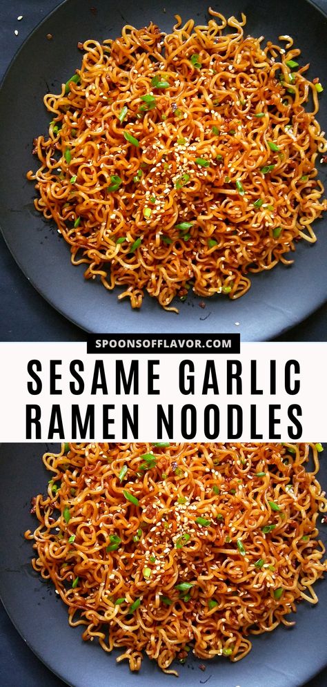 Image showing sesame garlic ramen in a black plate. Gf Ramen Noodle Recipes, Top Ramen Chow Mein, Raman Noodles Stir Fry, Asian Noodles With Ramen, Ramen Fried Noodles, Ramen Sauce Recipes Easy, Sesame Garlic Noodles Easy Recipes, Asian Noodles Recipe Easy, How To Make Homemade Ramen Noodles