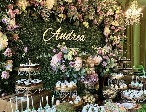Enchanted Forest Treat Table, Dessert Table Enchanted Forest, Enchanted Garden Dessert Table, Enchanted Forest Desert Table Ideas, Enchanted Dessert Table, Enchanted Garden Theme Quinceanera, Enchanted Forest Candy Table, Enchanted Forest Cake Table, Enchanted Garden Quinceanera Theme