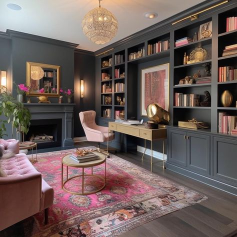 Blush Pink And Grey Home Office, Glam Office Guest Room Ideas, Feminine Home Office Library, Whimsigoth Home Office, Pink Grey And White Home Office, Feminine Library Office, Big Home Office Ideas, Home Vault Room, Moody Glam Office