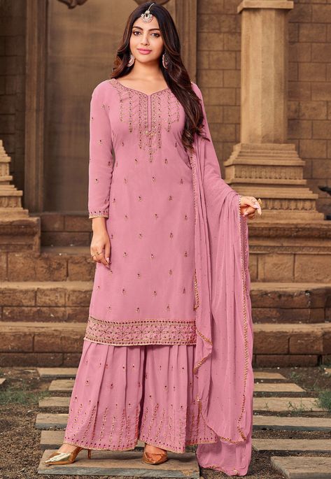 Pink Sharara, Georgette Sharara, Georgette Dupatta, Georgette Tops, Sharara Suit, Salwar Kamiz, Indian Wedding Wear, Sharara Set, Georgette Fabric