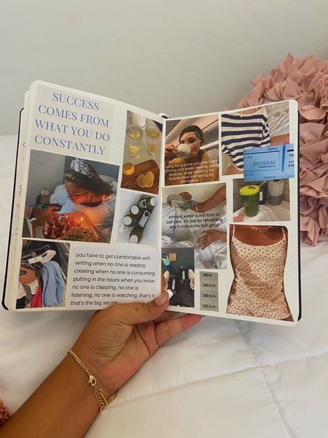 Manifesting Aesthetic Journal, Manifest Journal Aesthetic, Vision Board Scrapbook Ideas, Fashion Scrapbook Aesthetic, 2024 Vision Board Journal, Journal Dump Ideas, Manifestation Scrapbook, Journaling Aesthetic Pictures, Vision Scrapbook