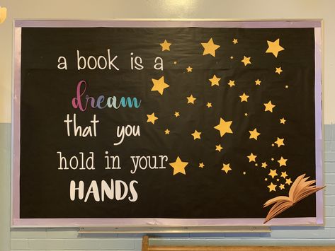 Library Display Board Ideas, A Book Is A Dream You Hold In Your Hands, Fun Library Displays, Reading Is Magical Bulletin Board, Dream Bulletin Board Ideas, Welcome To The Library Bulletin Board, Bulletin Board Ideas For Library, Castle Bulletin Board, Display Board Decoration For School