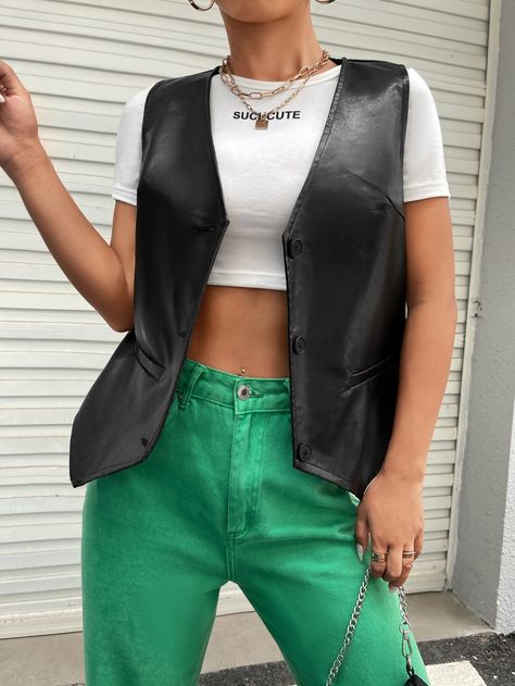 Sleeveless Leather Jacket Outfit, Leather Waistcoat Outfit Woman, Leather Gilet Outfit, Black Leather Vest Outfit, Leather Vest Outfits For Women, Thrifting Manifestation, Waistcoat Outfit Women, Leather Vest Outfit, Leather Vest Jacket