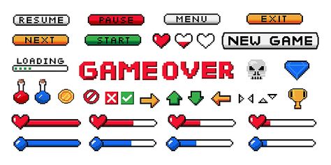 Pixel Game Ui, Ui Buttons, Pixel Game, Start Screen, Virtual Games, Button Game, Progress Bar, Pixel Design, Game Interface