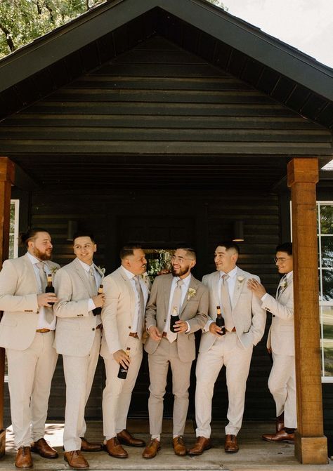 Groomsman Neutral Colors, Different Groom Suit, Taupe Mens Wedding Attire, Groomsmen No Tie With Jacket, Groomsmen Tuxedo Wedding, Tan Bridal Party Groomsmen, Beige Wedding Theme Groomsmen, Groomsmen Light Brown Suits, Neutral Wedding Groom