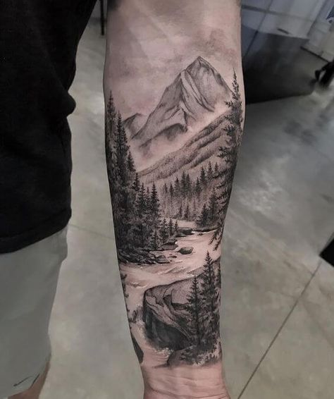 Mountain Sleeve Tattoo, Forest Tattoo Sleeve, Natur Tattoo Arm, Half Sleeve Tattoos Forearm, Nature Tattoo Sleeve, Hiking Tattoo, Tattoo Trend, Men Tattoos Arm Sleeve, Forest Tattoos