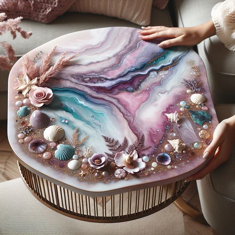 Picture a glossy resin art table, softly blending lavender, rose, and turquoise hues in an abstract pattern. The design features embedded seashells and small jewels, creating an appealing look for female aesthetics. #ResinArt #ArtisticFurniture #HomeDecor #ElegantDesign #SeashellEmbedded #JewelAccents Abstract Resin Art, Artistic Furniture, Lavender Roses, Art Table, Butterfly Art, Art Furniture, Resin Art, Abstract Pattern, Blending