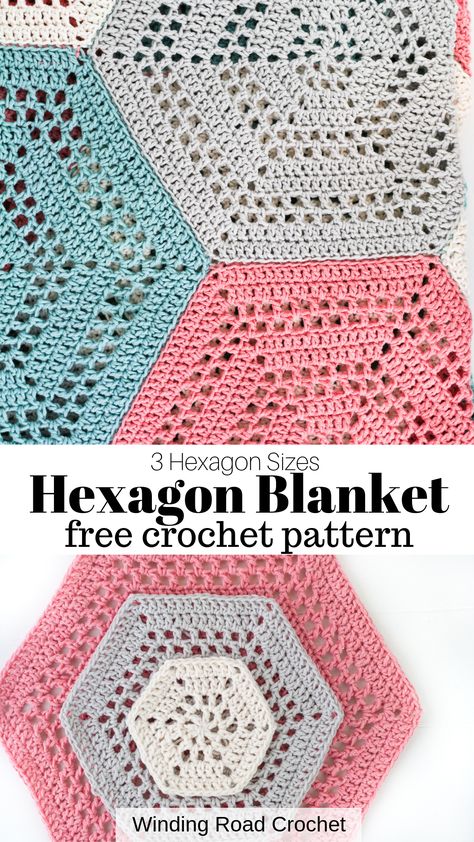 Crochet Hexagon lace blanket. Free crochet pattern for a throw blanket or baby blanket. Hexagon patterns for 4", 8" and 12" hexagons. Winding Road Crochet Free Crochet Block Blanket Patterns, Hexagon Doily Crochet Pattern, Large Hexagon Crochet Pattern, Crochet Granny Hexagon Blanket, Octagon Crochet Blanket, Hexagon Granny Square Pattern Free, Free Hexagon Crochet Patterns, Crochet Hexagon Pattern Free, Hexagon Granny Square Pattern