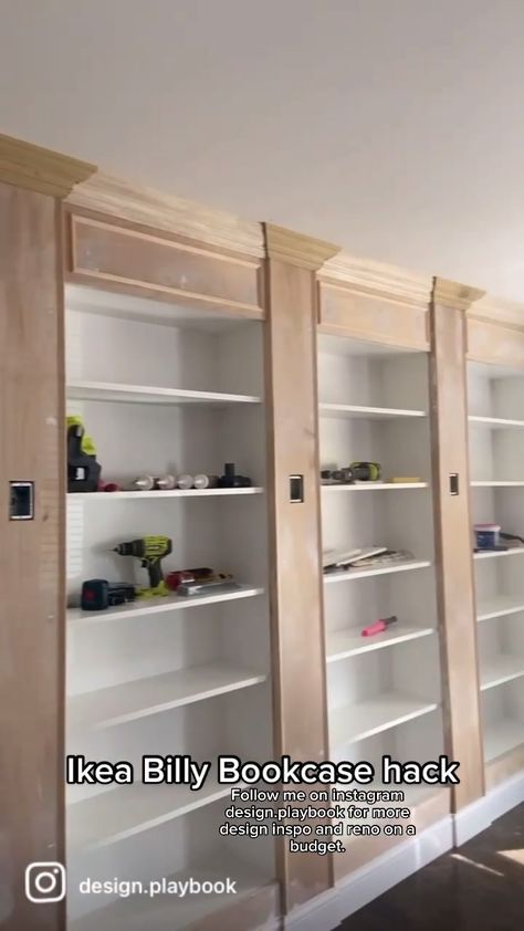 Using Ikea Billy bookcases to build a home library. #ikeahack #ikeahacksdiy #ikeabillly #homerenovationonabudget #homerenovationtiktok #homedecor Floor To Ceiling Bookcases Built Ins, Diy Ikea Billy Bookcase Built In, Billy Ikea Bookcase Ideas, Bookcase Molding Ideas, Armoire Billy Ikea, Diy Built In Billy Bookcase, Billy Bookcase Media Wall Hack, Billy Bookshelf Wall, Making Built In Bookcases