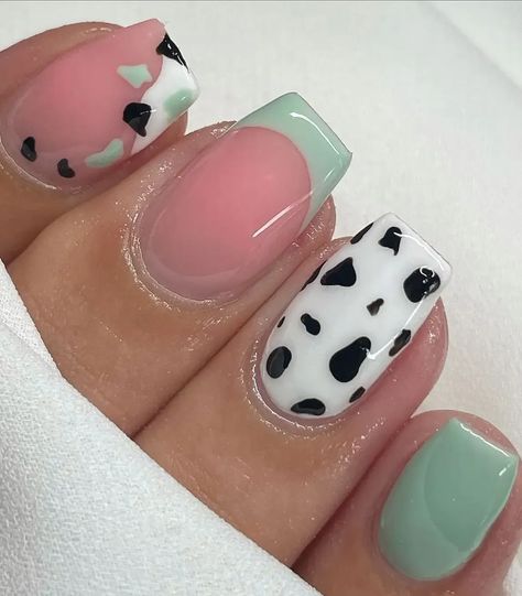 Elevate your manicure game with these chic sage green nail designs! Find inspo and ideas that are perfect for spring – just like these short sage green nails with a cow print design! Short Sage Green Nails, Sage Green Nail Designs, Sage Green Nail, Spring Gel Nails Ideas, Sage Green Nails, Country Acrylic Nails, Horse Nails, Cowboy Nails, Cow Print Design