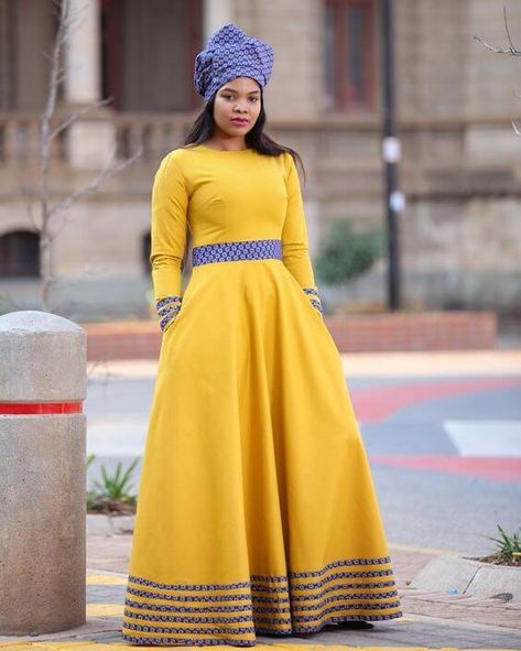 25 Amazing Shweshwe Dresses 2020 For South Africa Ladies Flay Gown, Shweshwe Dresses South Africa, Seshoeshoe Dresses, African Traditional Wear, African Attire Dresses, Shweshwe Dresses, Traditional African Clothing, Long African Dresses, Gown For Women
