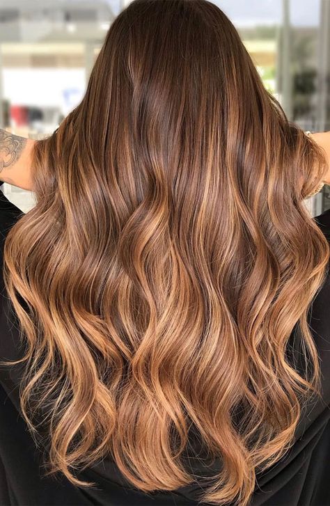 Best Hair Colours To Look Younger : Caramel highlights for long layers Auburn Hair With Honey Highlights, Hair Colours Blonde And Brown, Hair Colour Ideas Caramel, Caramel Balayage On Dark Blonde Hair, Caramel Tone Balayage, Caramel Ginger Balayage, Honey Almond Balayage, Ginger Hair With Caramel Highlights, Balayage Hair Honey Caramel Highlights