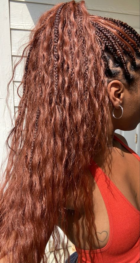 Knotless Braids 33 Color, Ombre Braids Color, Red Brown Knotless Braids, Boho Red Knotless Braids, 33 Braids Color, Dark Skin Ginger Braids, Ginger Red Knotless Braids, Bohemian Knotless Braids Pink, Ginger Red Braids For Black Women