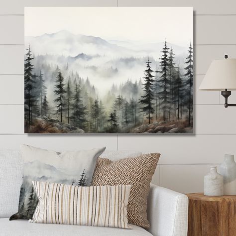Designart "Pine Tree Misty Mountain II" Floral Wall Art Living Room - Bed Bath & Beyond - 39228517 Over Bed Wall Decor, Career Building, Pine Tree Art, Misty Mountain, Mountain Decor, Modern Wall Art Canvas, Bed In Living Room, Black Picture Frames, Living Room Green