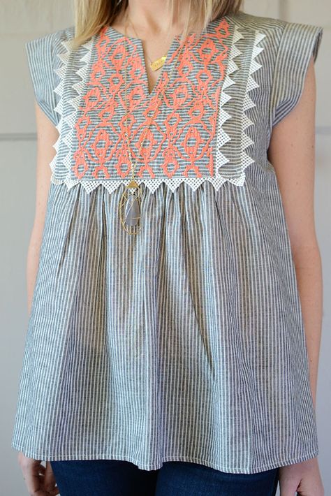 Grey and White Striped Peasant Top with Embroidery Embroidery Tops For Women, Ideas For Shirts, Stylish Tunic Tops, Girls Tunic Tops, Short Kurti, Cotton Kurti Designs, Kids Fashion Dress, Baby Frocks Designs, Kurta Designs Women