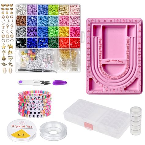 PRICES MAY VARY. [EVERYTHING YOU NEED INCLUDED AND MORE]: 5560 pieces Flat Polymer clay bead bracelet kit in 24 Vibrant Colors, 440 pieces Charms Kit including: shells, alphabet letters, pendants, colored hearts, smiley faces, jump rings, tweezers, 2 rolls of 5 meters Elastic String all this BUNDLED with a Beads Design Board and an Extra Stackable Storage Organizer. Literally ALL YOU NEED for Crafting and Jewelry, beads for making jewelry [COMPLETE CRAFTING JOY]: Elevate your jewelry-making expe Bracelet Making Essentials, Clay Bead Bracelet Kit, Flat Clay Beads, Bead Bracelet Kit, Polymer Clay Bead Bracelet, Beads For Bracelets, Bracelet Making Kit, Bracelet Organizer, Multicolor Bracelet