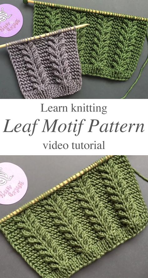 Free Knitting Tutorials, Knitting Flower Stitch, 5mm Knitting Patterns, Knit Patterns Beginner, Lavender Knitting Pattern, Leaf Knitting Stitch, Leaf Motif Pattern, Knitting Leaf Pattern Free, Knit Cable Pattern Charts