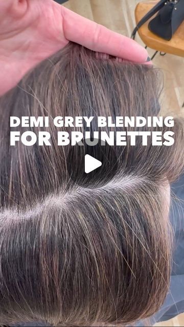 Emily Chen on Instagram: "Why yes. Yes it can be done on dark hair too 🤎   Think of permanent color as a full coverage lipstick, and demi color as tinted lipgloss. Or painted cabinets vs stained cabinets. Permanent color will give you the heaviest coverage, but it’ll also give you the most dramatic regrowth line. Demi offers less coverage, but a more subtle & graceful growout.   My client here was sick of having to color her regrowth every 4 weeks, but she wasn’t ready to go full-on grey. Our goal was to get her to a level 6 demi base so that she’s able to stretch her regrowth maintenance visits to 6-8 weeks.   This was my client’s second blending session in her transition from opaque permanent color to translucent demi color and we both LOVED how it came out 😍 we did one more blending s Ion Demi Permanent Hair Color Chart, How To Grow Out Grey Hair Gracefully, Transition Gray Hair, Transition Grey Hair, Best Gray Hair Coverage, Blend Greys In Dark Hair, Ideas To Cover Gray Hair, Cool Grey Hair Color, Grey And Dark Hair