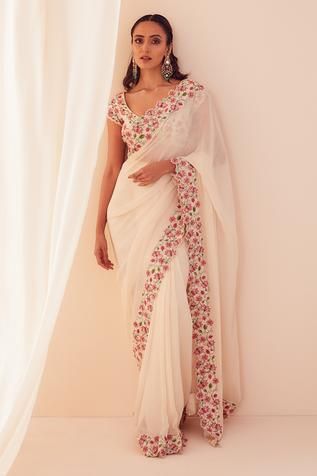 Cutdana Work, Pleated Saree, 3d Applique, Draped Saree, Embroidery 3d, Floral Saree, Drape Saree, Indian Saree Blouse, White Saree