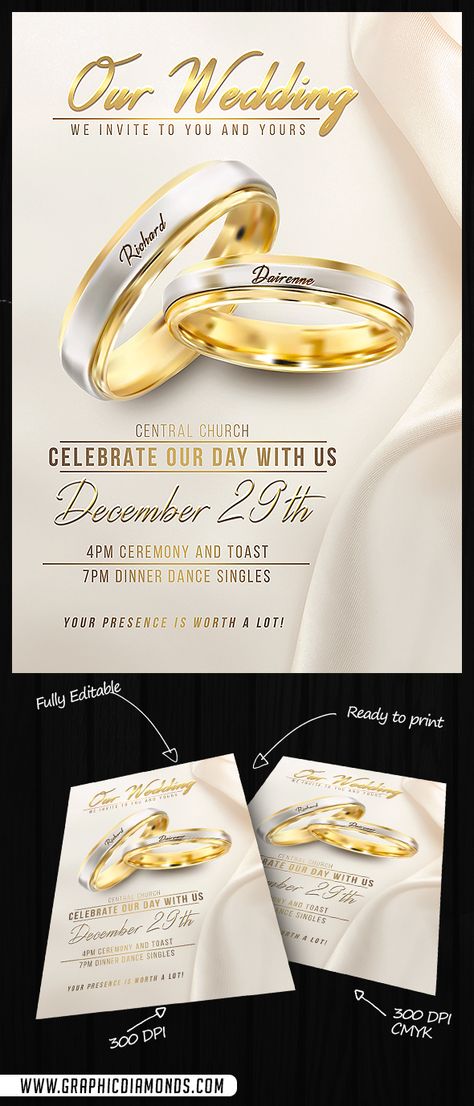 Wedding Flyer PSD Template by GraphicDiamonds on Creative Market #wedding #celebration #ceremony #church #invitation Wedding Flyers Design Ideas, Wedding Flyer Design, Creative Invitation Design, Creative Wedding Invitations Design, Church Invitation, Nightclub Flyer, Wedding Poster Design, Wedding Flyer, Wedding Day Invitations