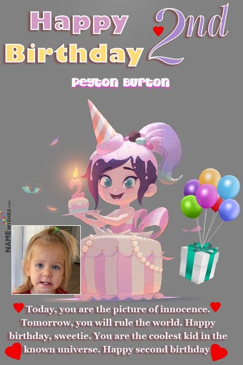 Happy 2nd Birthday of your niece or your daughter ? You wants to wish her in a unique way. Just send this free online birthday wish by writing name on it. Happy 2nd Birthday Wishes, Birthday Wishes For Baby Girl, 2nd Birthday Wishes, Happy Birthday Special Friend, Birthday Special Friend, Special Happy Birthday Wishes, Happy Birthday Baby Girl, Niece Birthday Wishes