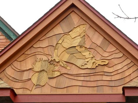 Butterfly and Thistle shingle art by architect and designer Tim Vachon of Ann Arbor, MI Cedar Shingle Art, Shake Art, Shingle Art, Decorative Shingles, Wooden Shingles, Craftsman Home Exterior, Cedar Shingle Siding, Cedar Shingle, Siding Ideas