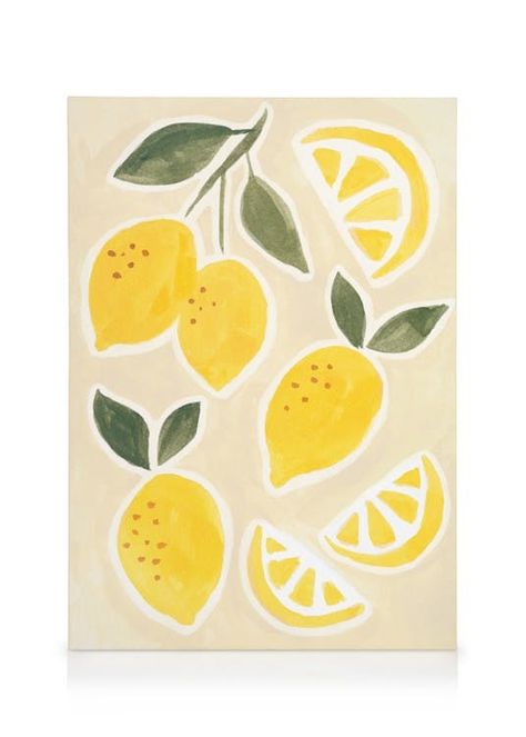 A vibrant canvas print illustrating lemons with green leaves, painted in a simple and charming style. The perfect wall art to add a fresh, zesty touch to your gallery wall or kitchen.Depth: 1.26 inThis motif is printed on canvas with a flat surface.  This is an exclusive motif, originally hand-painted by an artist in our Art Studio. Painted Lemons, Lemon Painting, Lemon Art, Hur Man Målar, Small Canvas Art, Yellow Art, Window Painting, Mini Canvas Art, Mini Canvas