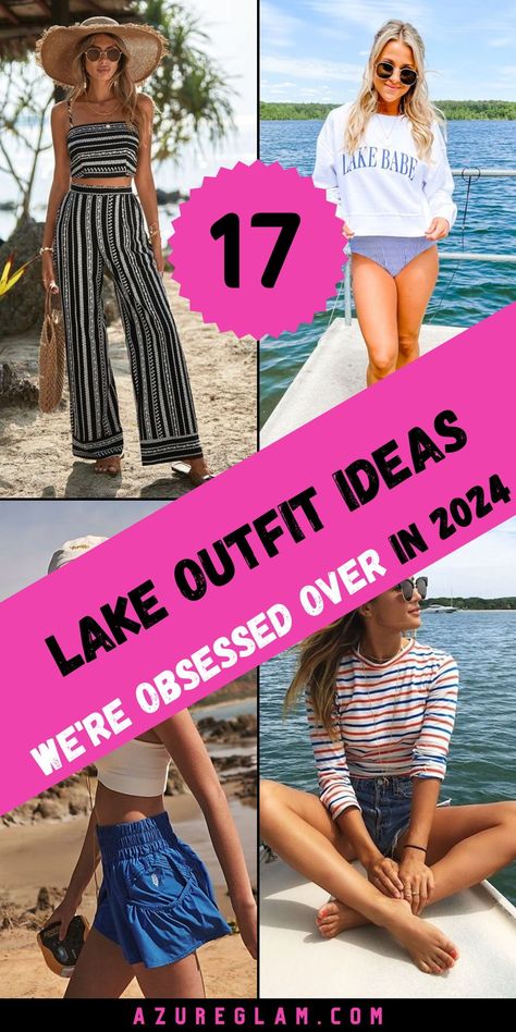 Make waves with your style at the lake with our selection of 17 vibrant lake outfit ideas for 2024. From trendy swimwear to stylish cover-ups and accessories, our curated collection has everything you need to stay fashion-forward by the water. Whether you're soaking up the sun or enjoying water sports, our chic ensembles will keep you looking and feeling cool all summer long. Dive into fashion with our vibrant lake attire! Lake Cover Up Outfit, Casual Summer Camping Outfits, Lake Lounge Outfit, Lake House Party Outfit, Lake Town Outfits, Lake Clothes Ideas Summer Outfits, Boat Fashion Women Summer, Lake Looks For Women, Lake Attire Style Summer Outfits