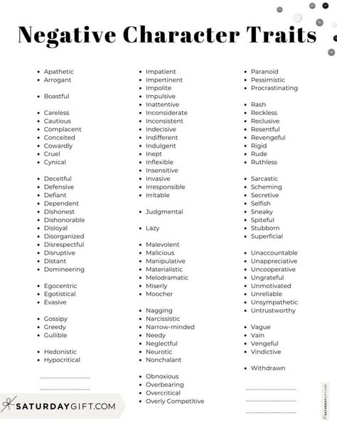 Negative Character Traits List - Portrait - Alphabetical order | SaturdayGift Personality List For Characters, Different Personalities For Characters, Personality Traits List Negative, Negative Traits List, Positive And Negative Character Traits, Character Interests List, Character Features List, Ethnicities For Characters, Negative Character Traits List